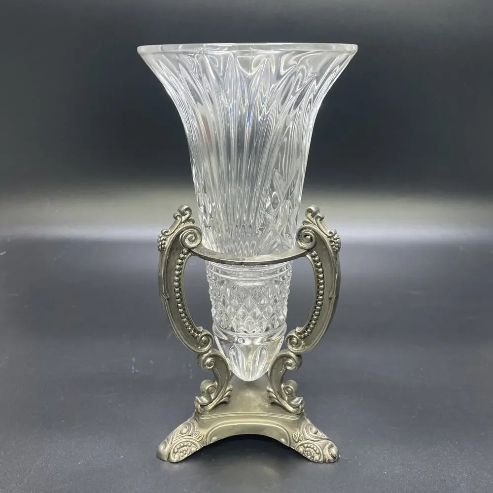 Vintage Godinger Shannon Crystal Vase 11” Cut Glass w/Silver Plated Ornate Stand
